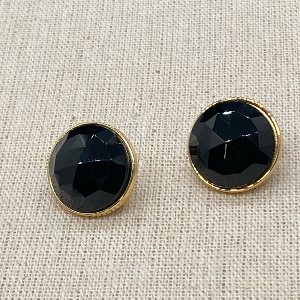 Vintage Monet Clip On Earrings Gold Tone Modernist  Faceted Black Circle Signed